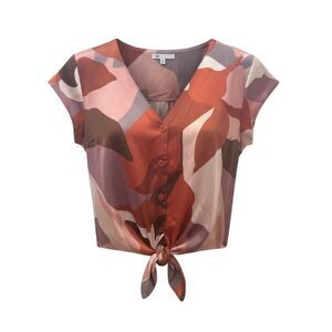 DR2 Women’s Brown & Pink Abstract Satin Poly Cap Sleeve Tie Blouse